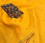 Yellow Linen Organza Saree with aari mirror work - Image 4
