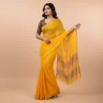 Yellow Linen Organza Saree with aari mirror work - Image 3