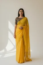 Yellow Linen Organza Saree with aari mirror work