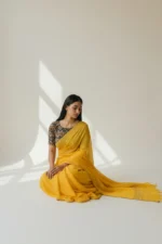 Yellow Linen Organza Saree with aari mirror work - Image 2