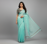 Sea Green Linen Organza saree with aari mirror work - Image 2