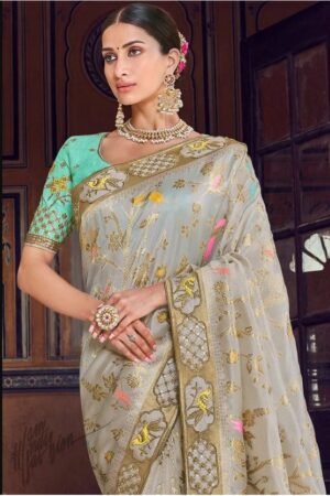 Gold & Grey Modal Silk Saree with zari embroidery