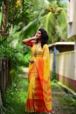 Yellow & Orange Linen cotton saree - Image 3