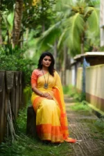 Yellow & Orange Linen cotton saree - Image 2