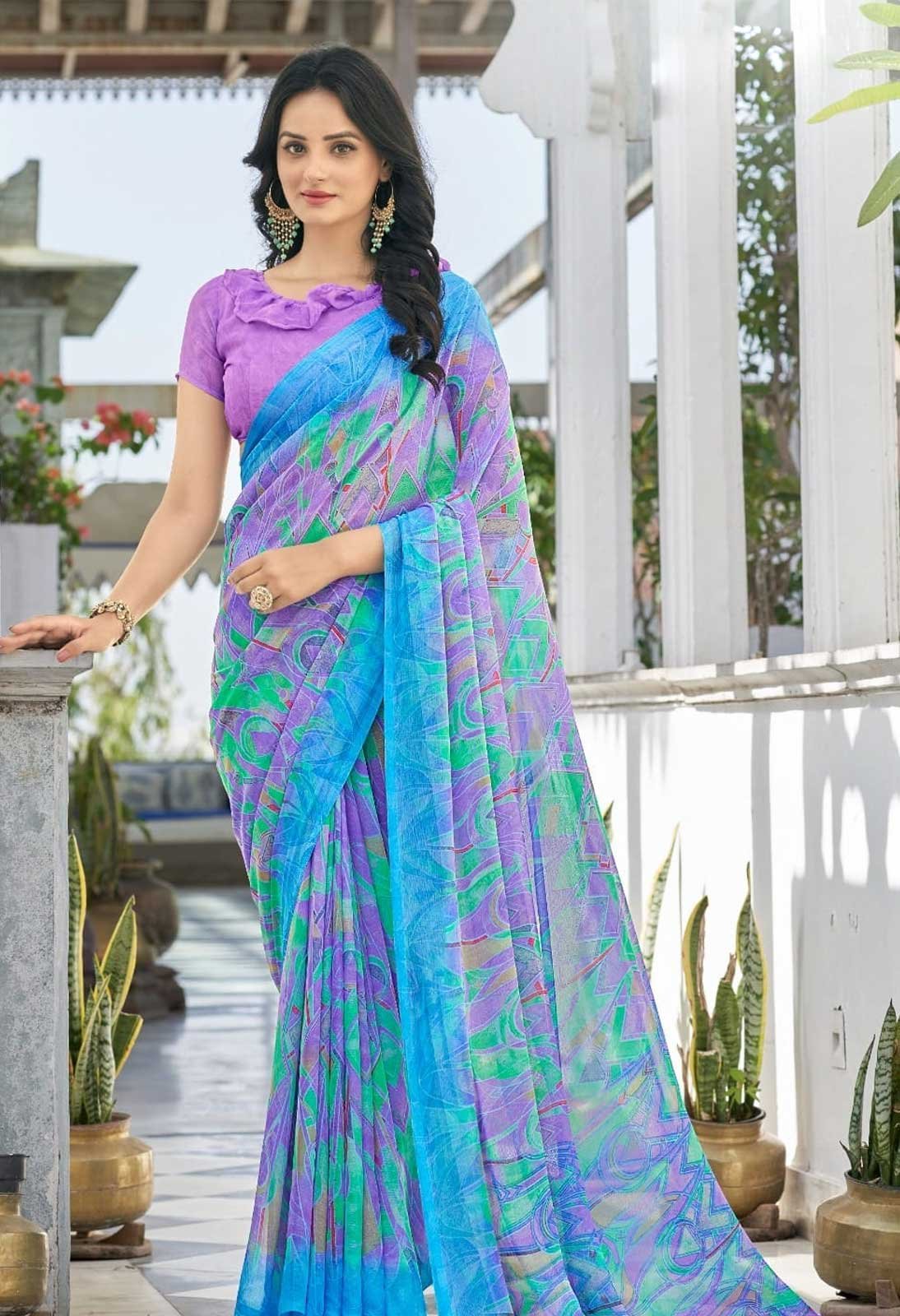 Blue printed Chiffon saree