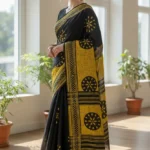 Black & Yellow Block Print cotton saree