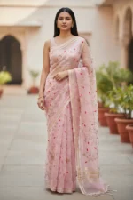 Baby Pink embroidered Organza Saree - Image 3