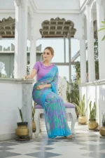 Blue printed Chiffon saree - Image 3