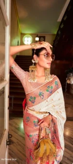 Off White & Red Paithani Silk Saree - Image 2