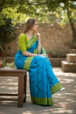 Blue and Yellow Mul Cotton saree - Image 2