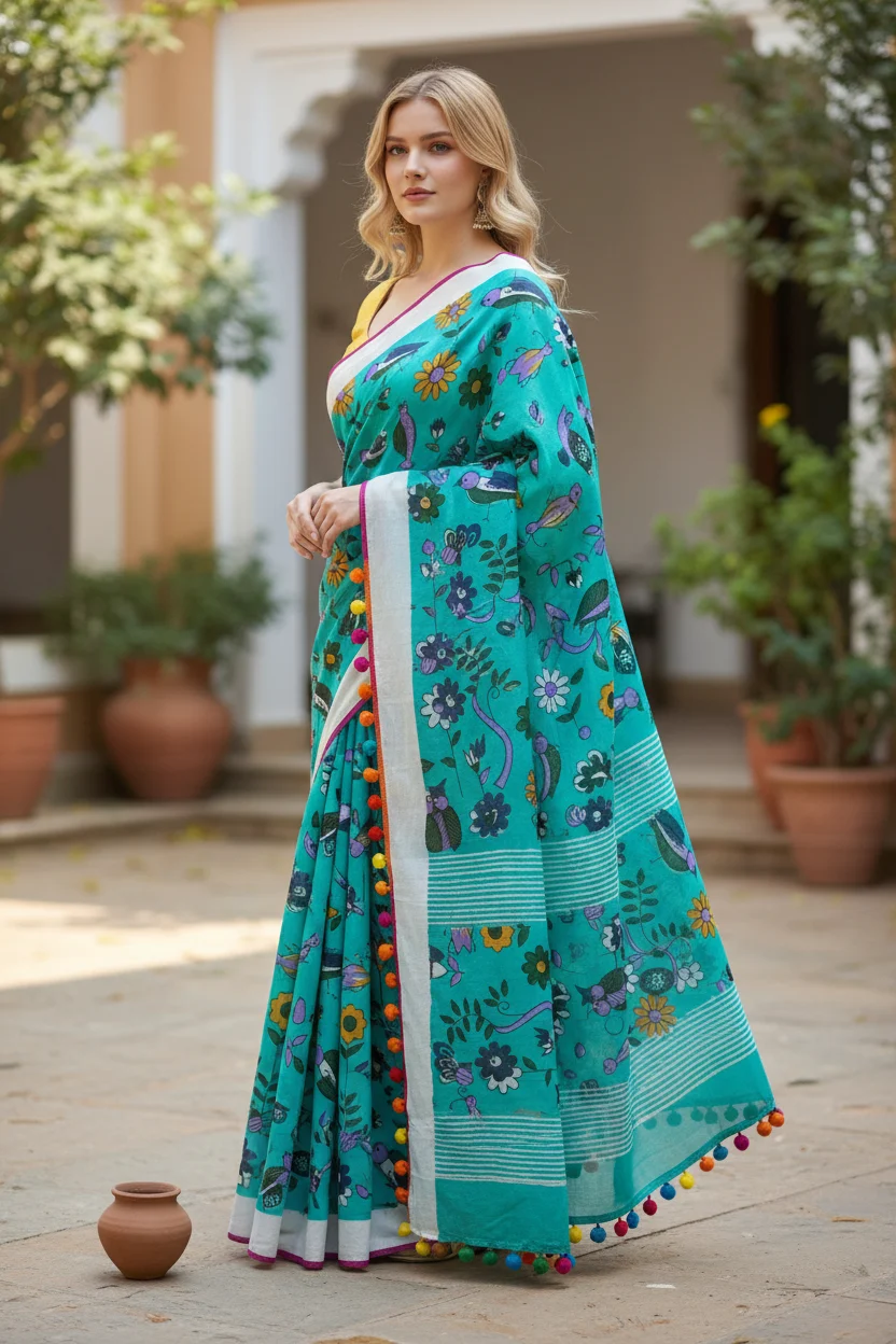 SS704A Green and Yellow Mul Cotton saree - Image 1