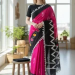 Pink and Black Mul Cotton saree