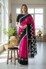 Pink and Black Mul Cotton saree
