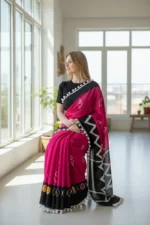 Pink and Black Mul Cotton saree - Image 2