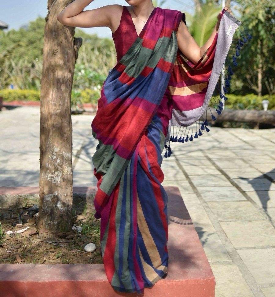 SS707A Multicolor Khadi Cotton Saree - Image 1